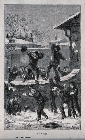 view A group of children play in the snow throwing snowballs. Wood engraving by G. Roux.