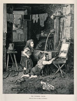 view As two adults talk in a back room, a child attempts to add to a painting on its easel, while two other children look on. Wood engraving after J.G. Meyer von Bremen.