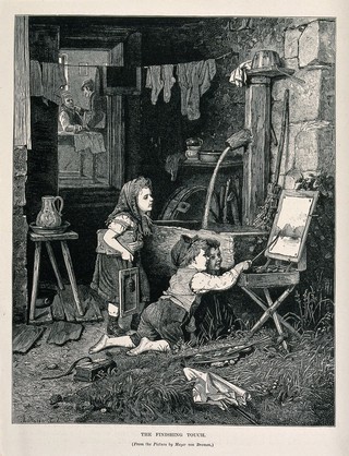 As two adults talk in a back room, a child attempts to add to a painting on its easel, while two other children look on. Wood engraving after J.G. Meyer von Bremen.