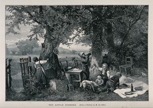 view A group of children are stealing food from a picnic they have found under a tree. Wood engraving by Dalziel after M. ten Kate.