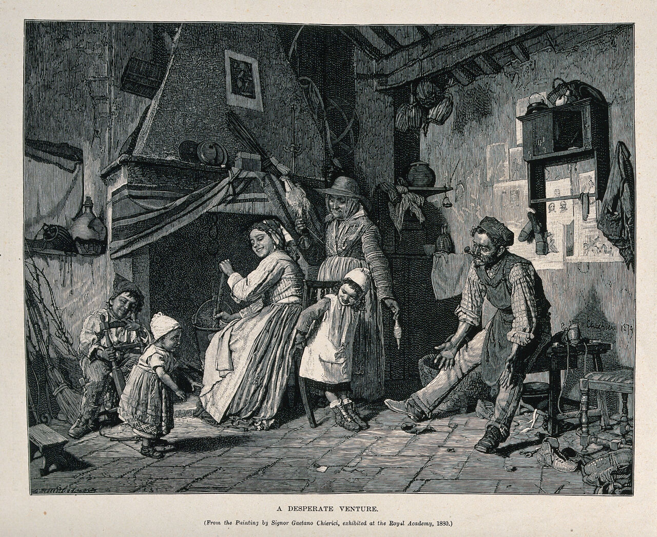 A toddler prepares to take the risk of trying to walk across the room towards its father or grandfather. Wood engraving by A. Bellenger after Gaetano Chierici., 1880-1889, by Gaetano Chierici