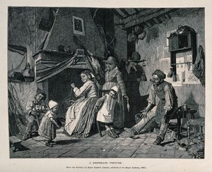 view A toddler prepares to take the risk of trying to walk across the room towards its father or grandfather. Wood engraving by A. Bellenger after Gaetano Chierici.