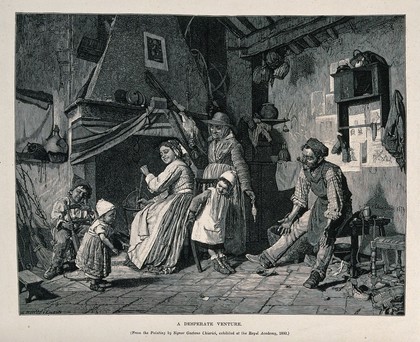 A toddler prepares to take the risk of trying to walk across the room towards its father or grandfather. Wood engraving by A. Bellenger after Gaetano Chierici.