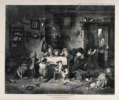 Children sit round a table reading a newspaper while another child tries to prevent a woman from entering the room. Process print after Alexander H. Burr.