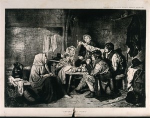 view Children play a game with potatoes and a rag hanging from the beam. Process print after Erskine Nicol.