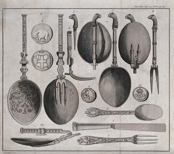 Old eating implements: spoons, forks, and a knife. Engraving after Schnebbelie.
