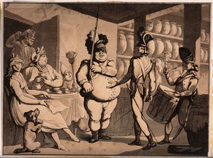 view A group of people sit at a table with cups and saucers, a man with a bayonet stands to attention and two soldiers, one with a drum, walk towards the table. Aquatint.