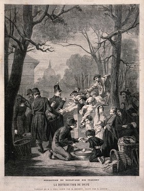 A group of men in uniform hand out bread and soup to children and adults with their arms outstretched. Wood engraving by H. Linton after M. Rocourt after M. J. Pils.
