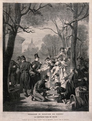 view A group of men in uniform hand out bread and soup to children and adults with their arms outstretched. Wood engraving by H. Linton after M. Rocourt after M. J. Pils.