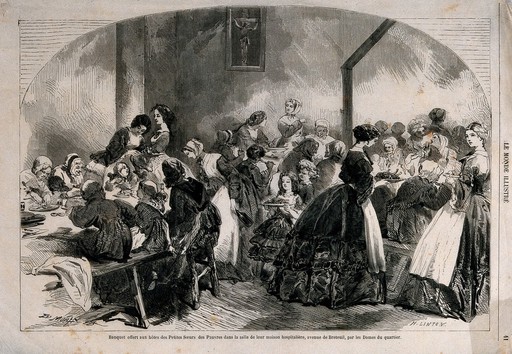 Food being served by well-dressed women to poorly-dressed people sitting at tables. Wood engraving by H. Linton after E. Morin.