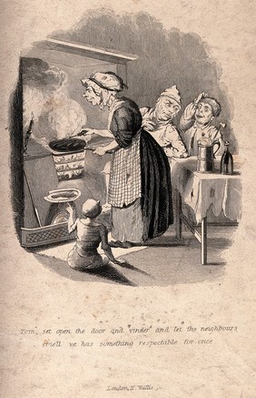 A woman cooks in a flat pan on the fire as a man and a boy wait at the table for something to eat. Engraving.