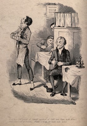 A man sits at a table in a restaurant and orders some food from the waiter who shouts out the order to the kitchen. Engraving.