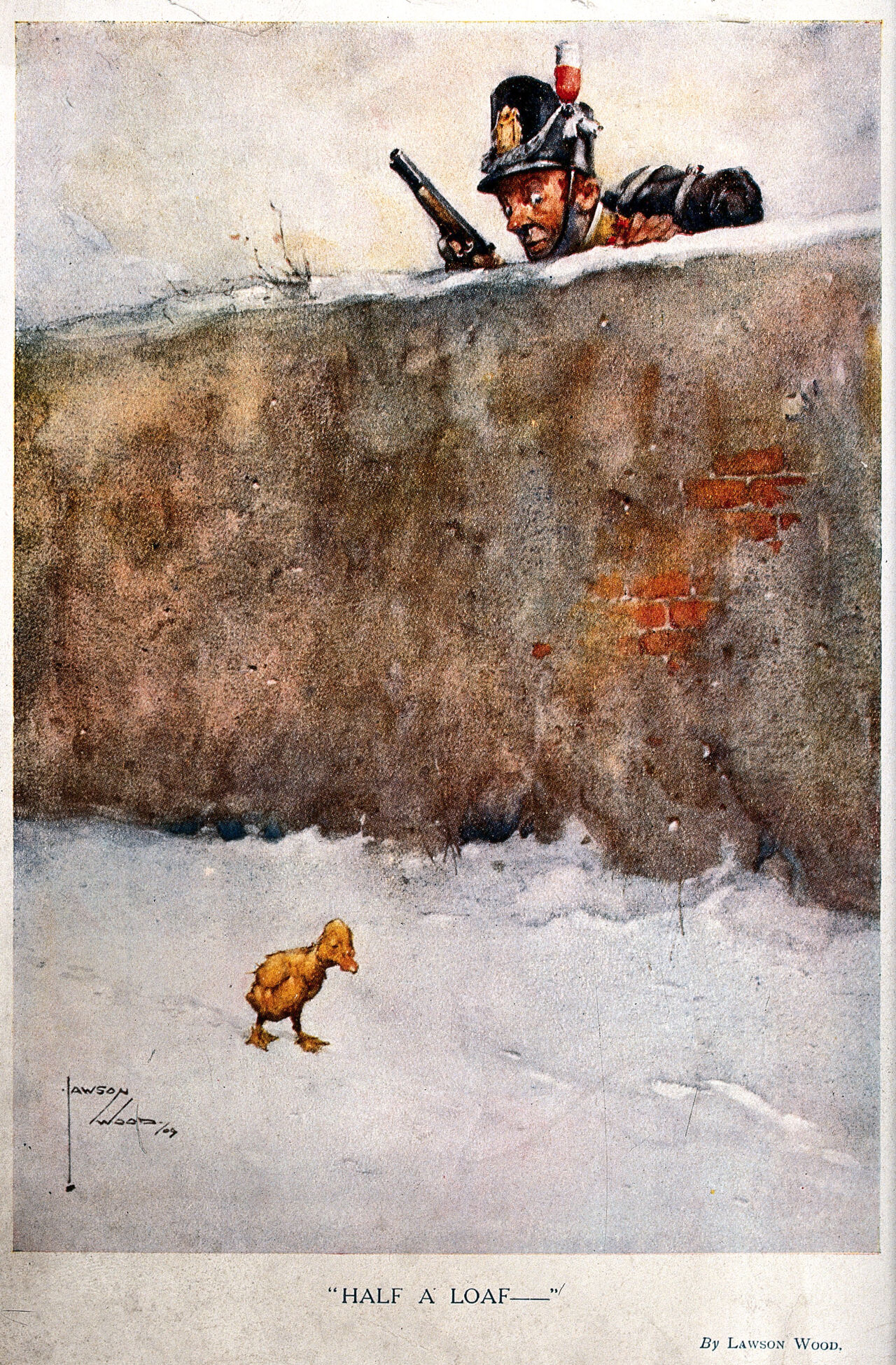 A soldier with a pistol in his hand is looking over a wall at a small duck walking down the middle of the road. Process print after Lawson Wood., by Lawson Wood