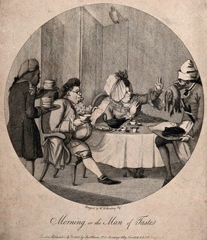 view A man and a woman having a meal at the table as servants bring piles of food. Stipple engraving after W.H. Bunbury.