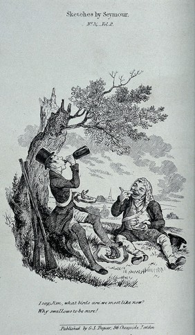 Two stockbrokers out shooting game in Hornsey Wood have a picnic: one of them compares them to swallows, as they awallow food and a bottle of sherry. Lithograph after R. Seymour.