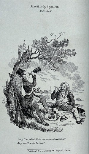 view Two stockbrokers out shooting game in Hornsey Wood have a picnic: one of them compares them to swallows, as they awallow food and a bottle of sherry. Lithograph after R. Seymour.