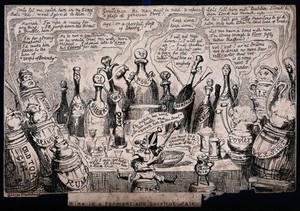 view A collection of bottles of alcohol. Etching by George Cruikshank.