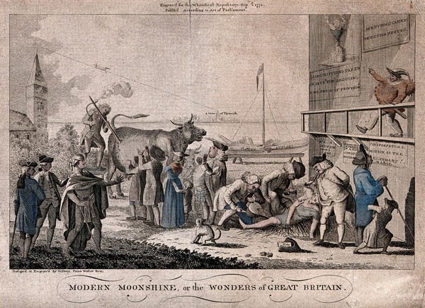 Public follies and deceptions in England in 1774. Etching by G. Terry, 1774.