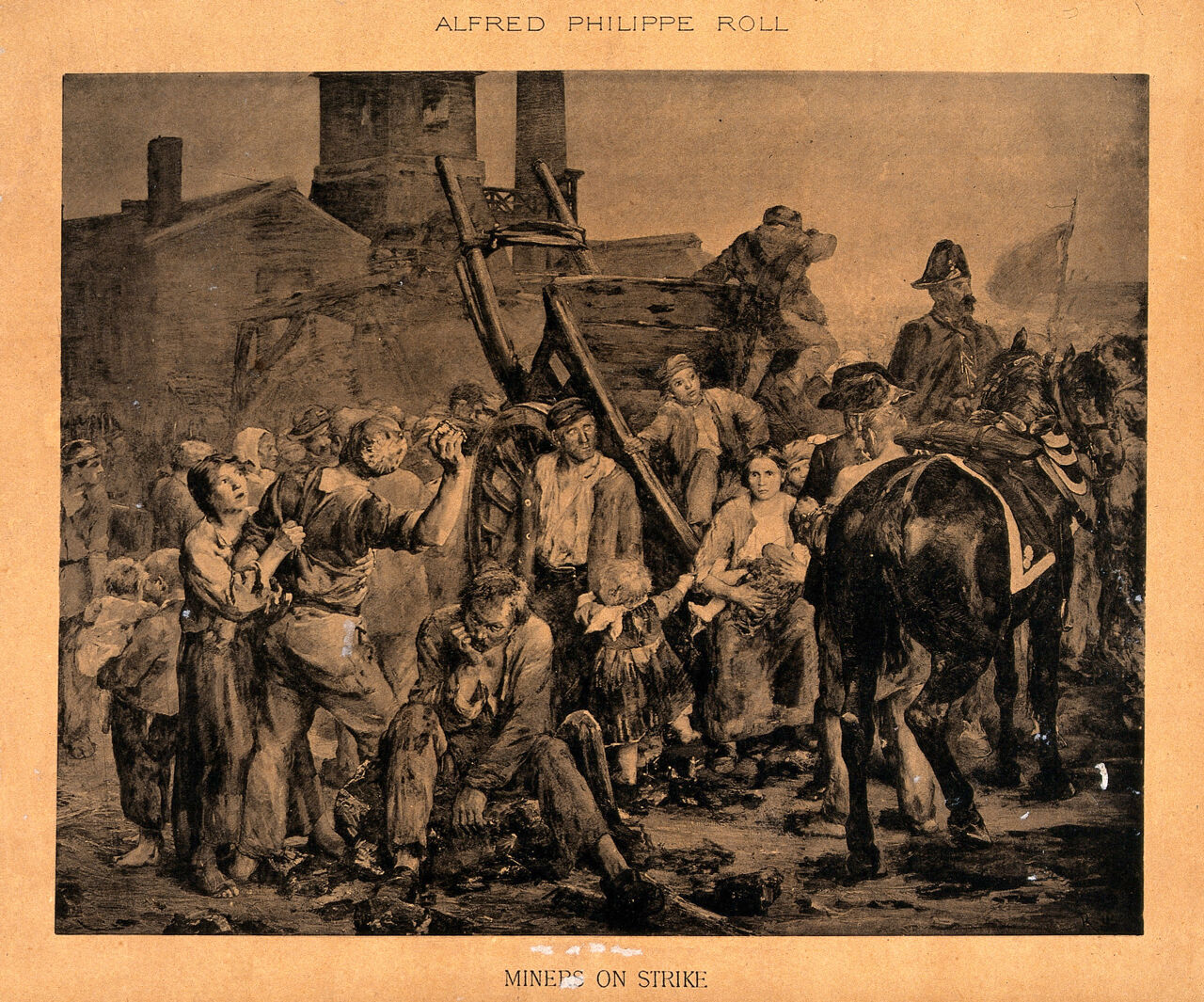 Groups of people surround a broken cart, two soldiers are nearby and one woman is attempting to stop a man from throwing a stone. Process print after Alfred Philippe Roll., by Alfred Philippe Roll