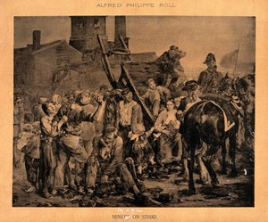 view Groups of people surround a broken cart, two soldiers are nearby and one woman is attempting to stop a man from throwing a stone. Process print after Alfred Philippe Roll.