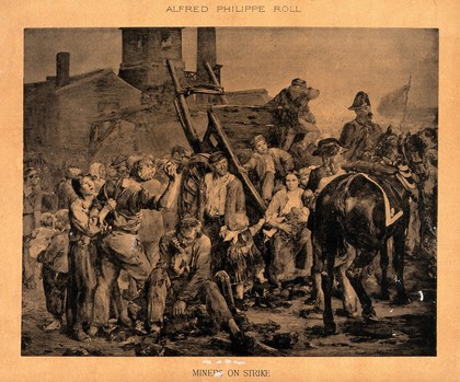 Groups of people surround a broken cart, two soldiers are nearby and one woman is attempting to stop a man from throwing a stone. Process print after Alfred Philippe Roll.