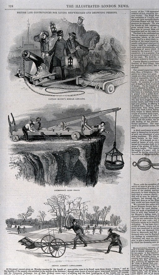 A group of men, some with lanterns stand behind a cannon which is loaded and has one end of a very long wound rope attached to the cannon ball. Wood engraving.