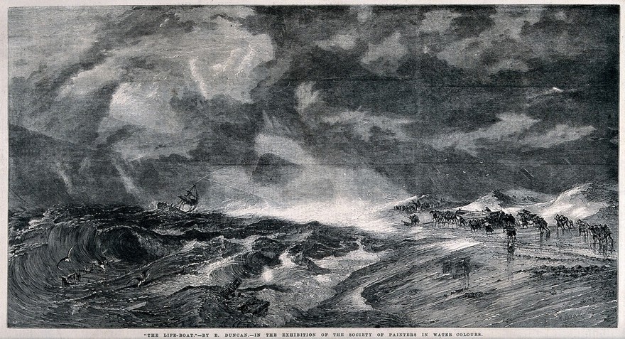 A boat is being tossed around off shore as men and horses with a life-boat prepare to launch a rescue attempt. Wood engraving after E. Duncan.
