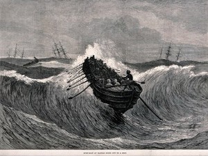 view A rescue boat with many oarsmen is out on a stormy sea to help a ship in distress. Wood engraving.