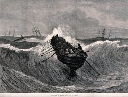 A rescue boat with many oarsmen is out on a stormy sea to help a ship in distress. Wood engraving.