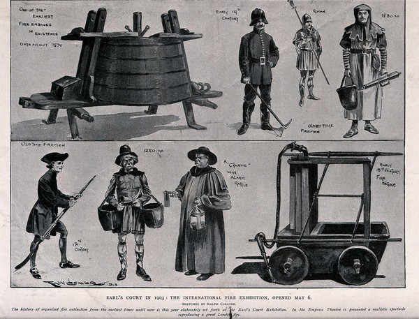 Fire-fighters and fire-fighting techniques. Process print after R. Cleaver.