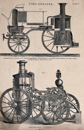 Fire engines. Engraving.