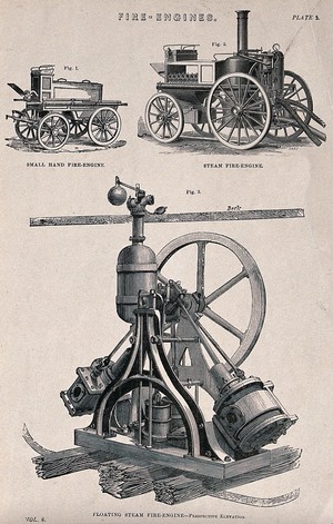 view Fire-engines. Engraving.