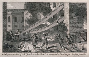 view As a fire rages in a house people are being helped to escape by means of chutes extended from the windows to the ground. Etching.