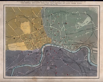 A map of London showing the river Thames and the major parks. Coloured engraving.