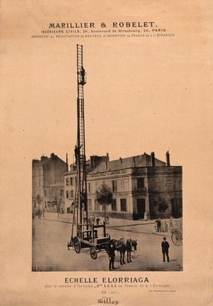 view Firemen climb up a long extended ladder fixed to a horse-drawn cart which is standing in the middle of a street. Process print.