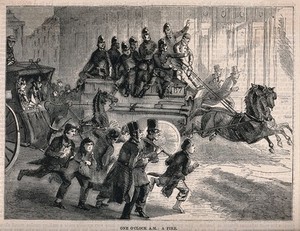 view A fire-engine drawn by horses races through the streets to attend to a fire. Wood engraving.