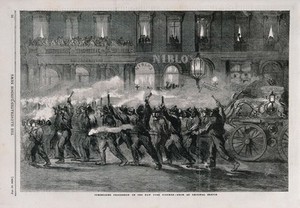 view New York City: firemen march through the street carrying torches. Wood engraving.