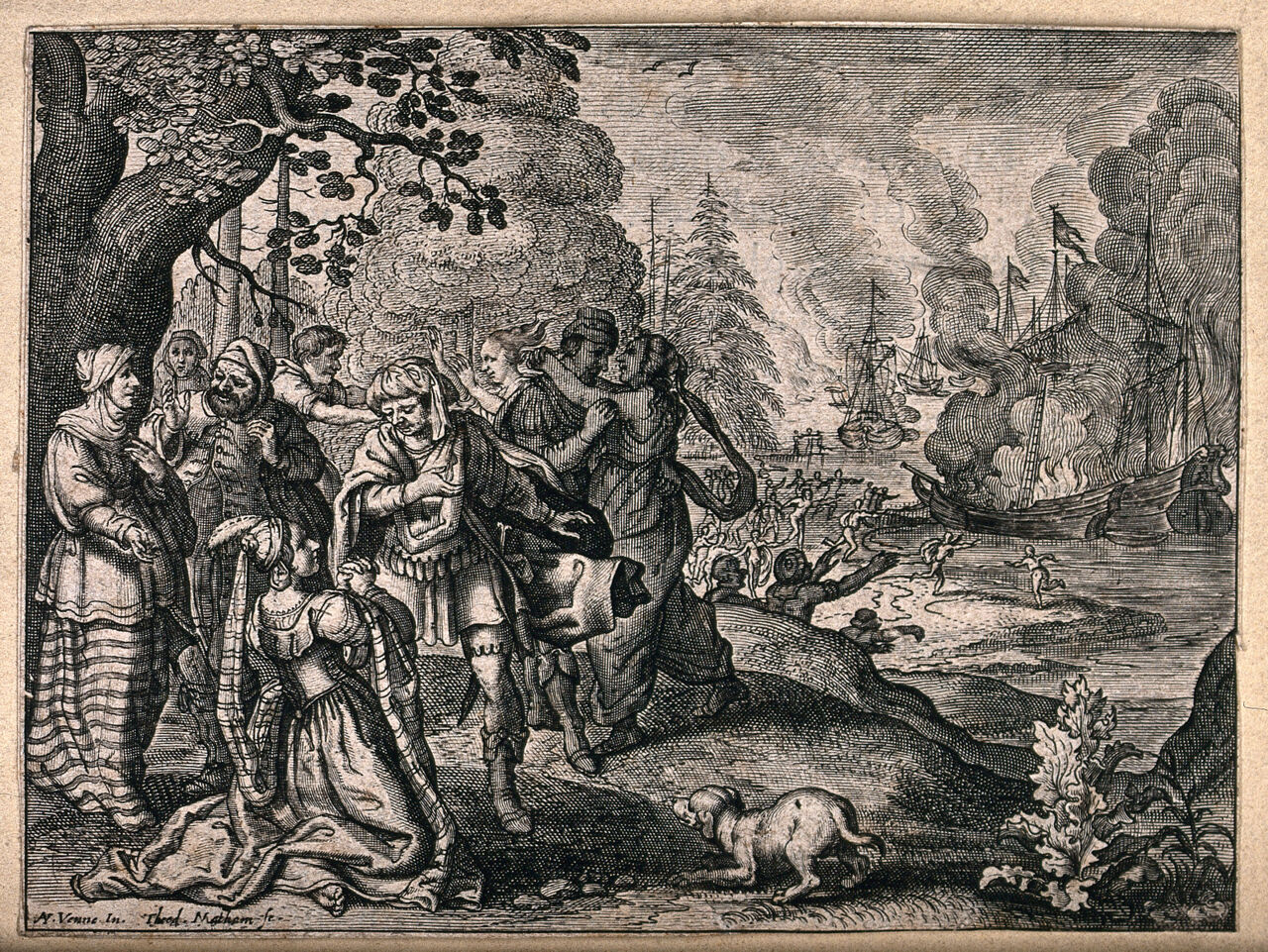 People celebrate on the shores of a river as ships burn on the water. Etching by Dirck Matham after Adriaen Piertersz. van de Venne., by Adriaen van de Venne