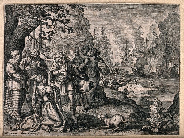People celebrate on the shores of a river as ships burn on the water. Etching by Dirck Matham after Adriaen Piertersz. van de Venne.