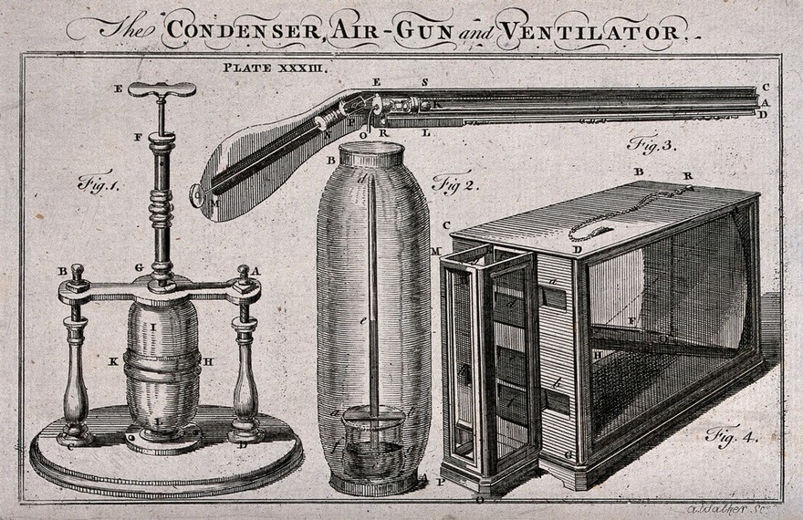 A condenser, an air-gun and a ventilator. Etching by A. Walker after B. Martin.