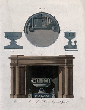 Diagrams of a fire grate and a fireplace with surround. Coloured engraving by J. Pass.