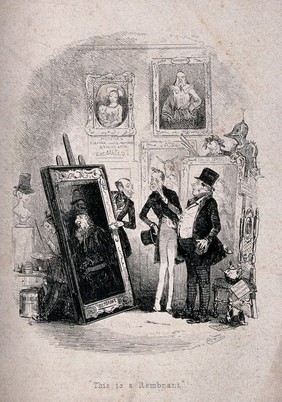 Two men in an art gallery are being shown a painting by the proprietor while another man with a paint brush in his hand hides behind the picture. Etching by Phiz (Hablot K. Browne), 1845.