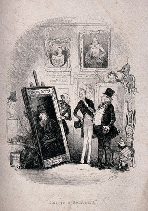 view Two men in an art gallery are being shown a painting by the proprietor while another man with a paint brush in his hand hides behind the picture. Etching by Phiz (Hablot K. Browne), 1845.