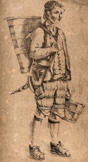 A young man is carrying water in a large barrel on his back and a smaller bucket in his hand. Lithograph (?).