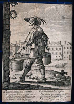 A man in Paris carrying two pails of water suspended from straps on his back along the bank of the river Seine. Etching by A. Bosse.