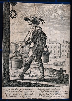 view A man in Paris carrying two pails of water suspended from straps on his back along the bank of the river Seine. Etching by A. Bosse.