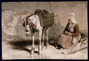 view A woman sits on a rock with a spade and basket on the ground, a horse with wooden panniers stands nearby. Coloured lithograph.