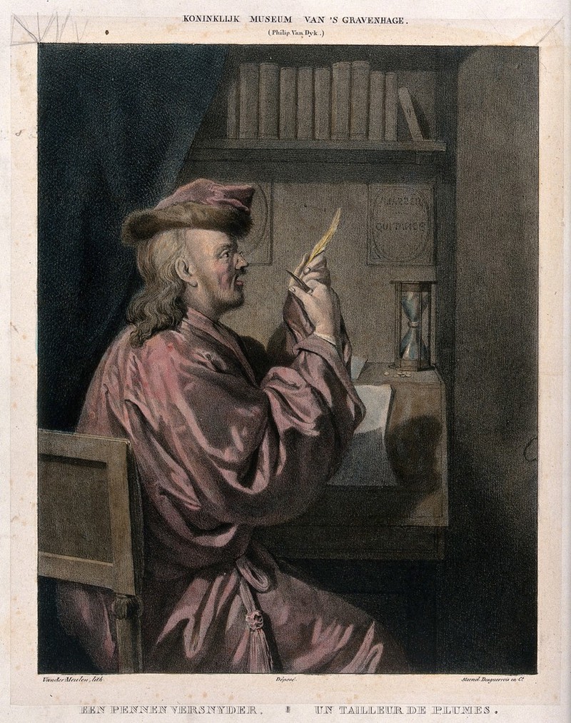 A man sits at a desk sharpening a quill pen with a knife. Coloured lithograph by P.H.L. Vander Meulen after Philip van Dyk., 1800-1899, by Philip van Dijk