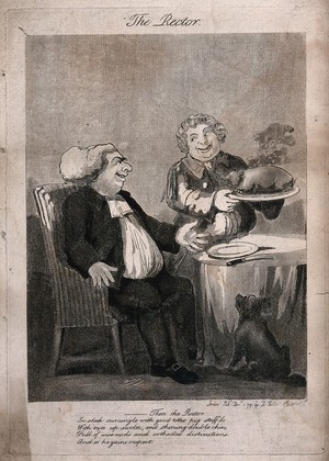 view A Church of England rector seated at table as a servant brings a roasted pig on a dish. Aquatint after G.M. Woodward.