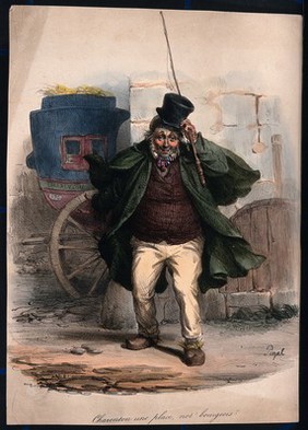 A coachman with a riding whip stands in front of a carriage, raises his hat, and offers a ride to Charenton. Coloured lithograph by E.J. Pigal.